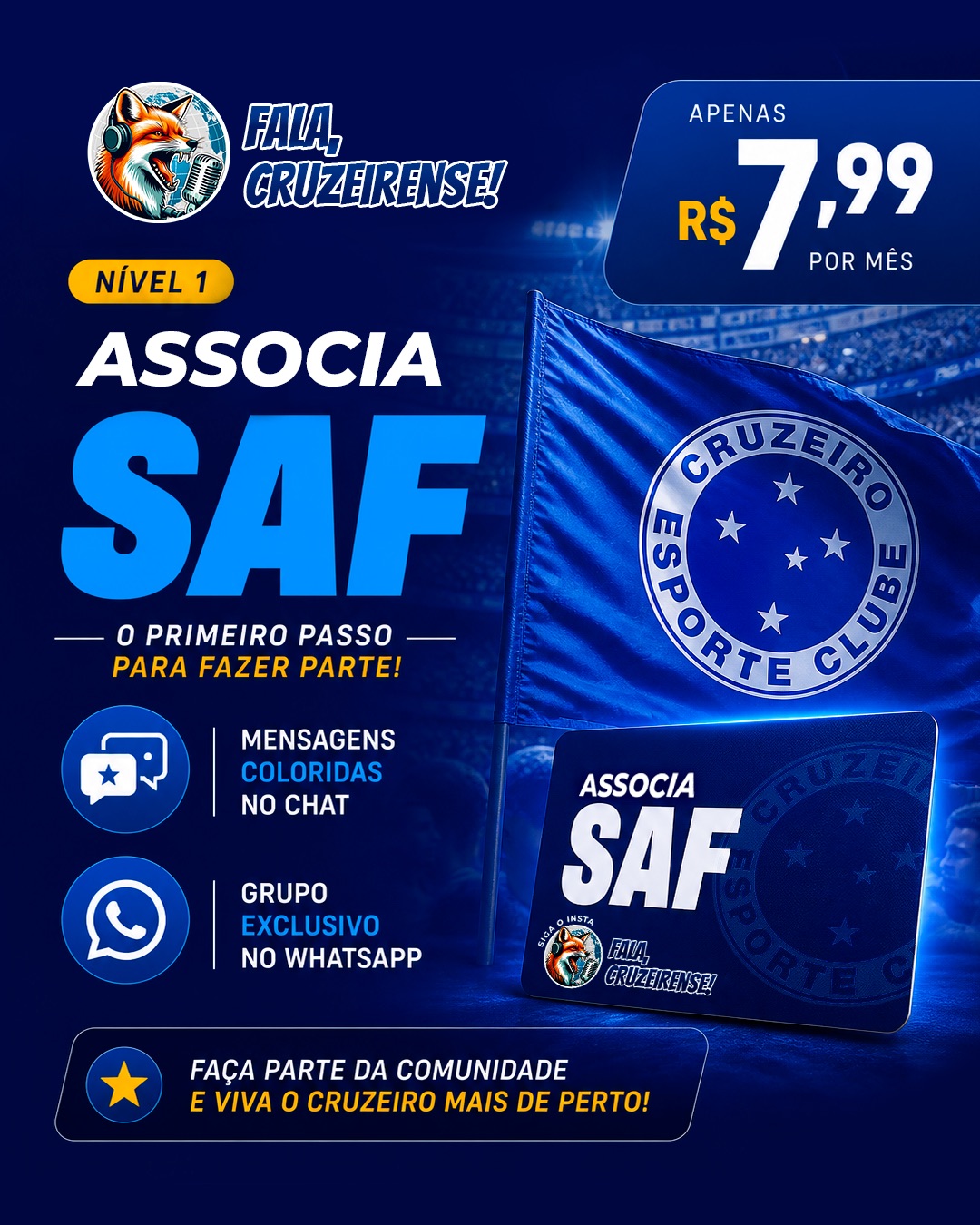 Nível 1 — Associa SAF — R$7,99/mês: mensagens coloridas e grupo no WhatsApp