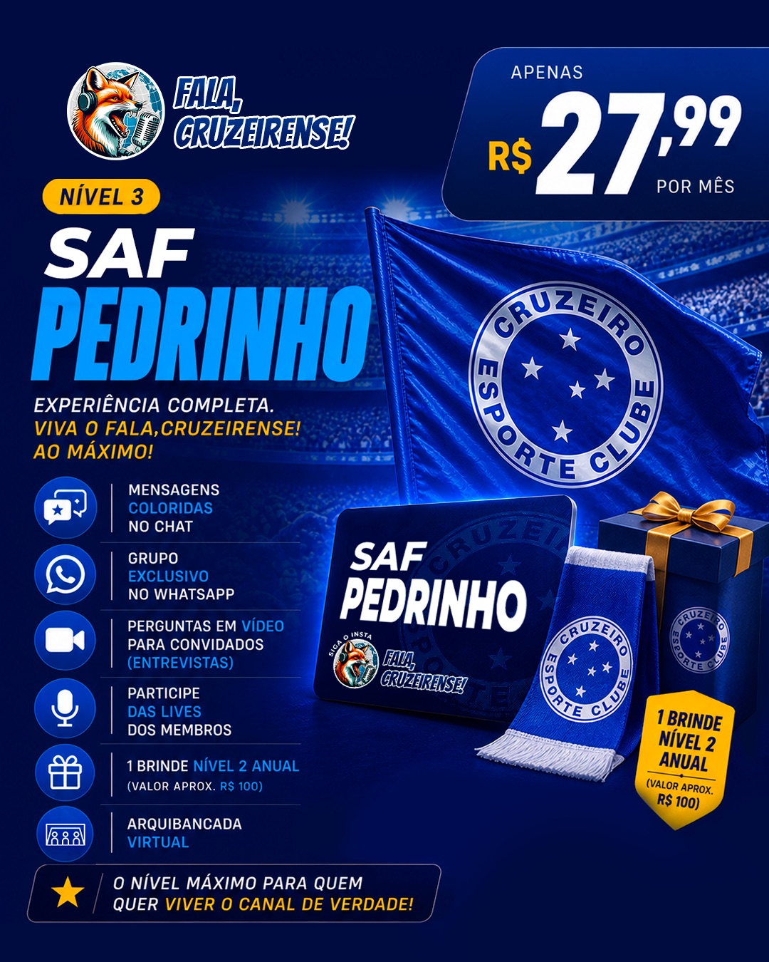 Nível 3 — SAF Pedrinho — R$27,99/mês: experiência completa com arquibancada virtual